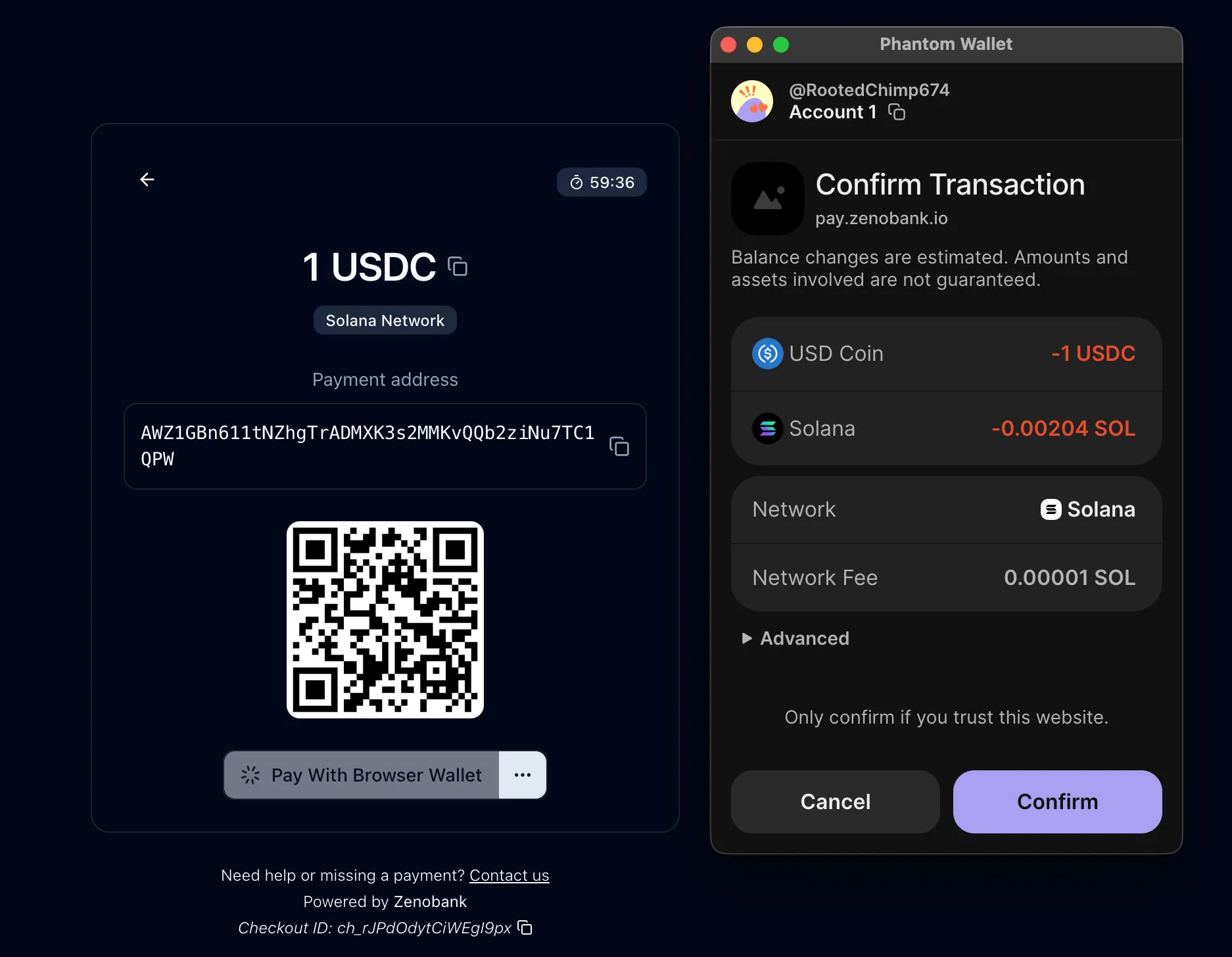 Signing a 1 USDC transaction on Zenobank
